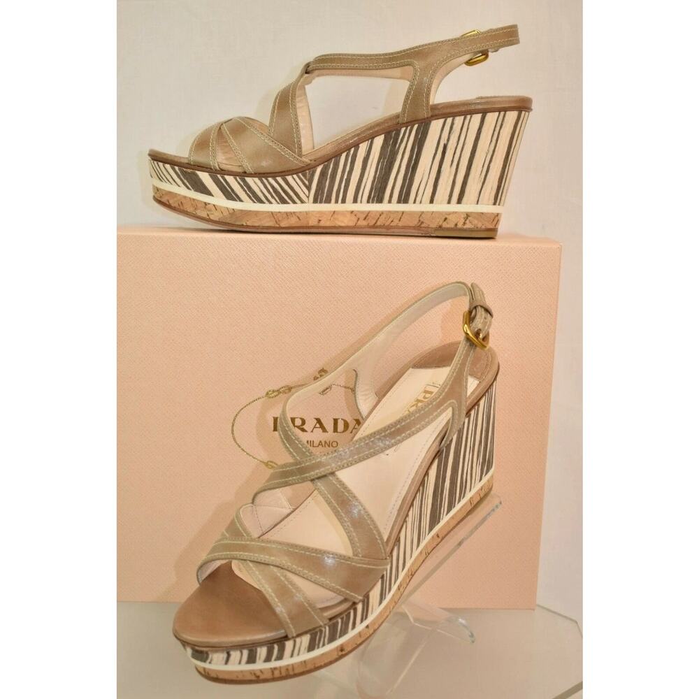 NIB PRADA 1XZ219 BEIGE BROWN WOODEN LEATHER WEDGE PLATFORM SANDALS 40.5 ITALY - Picture 2 of 8